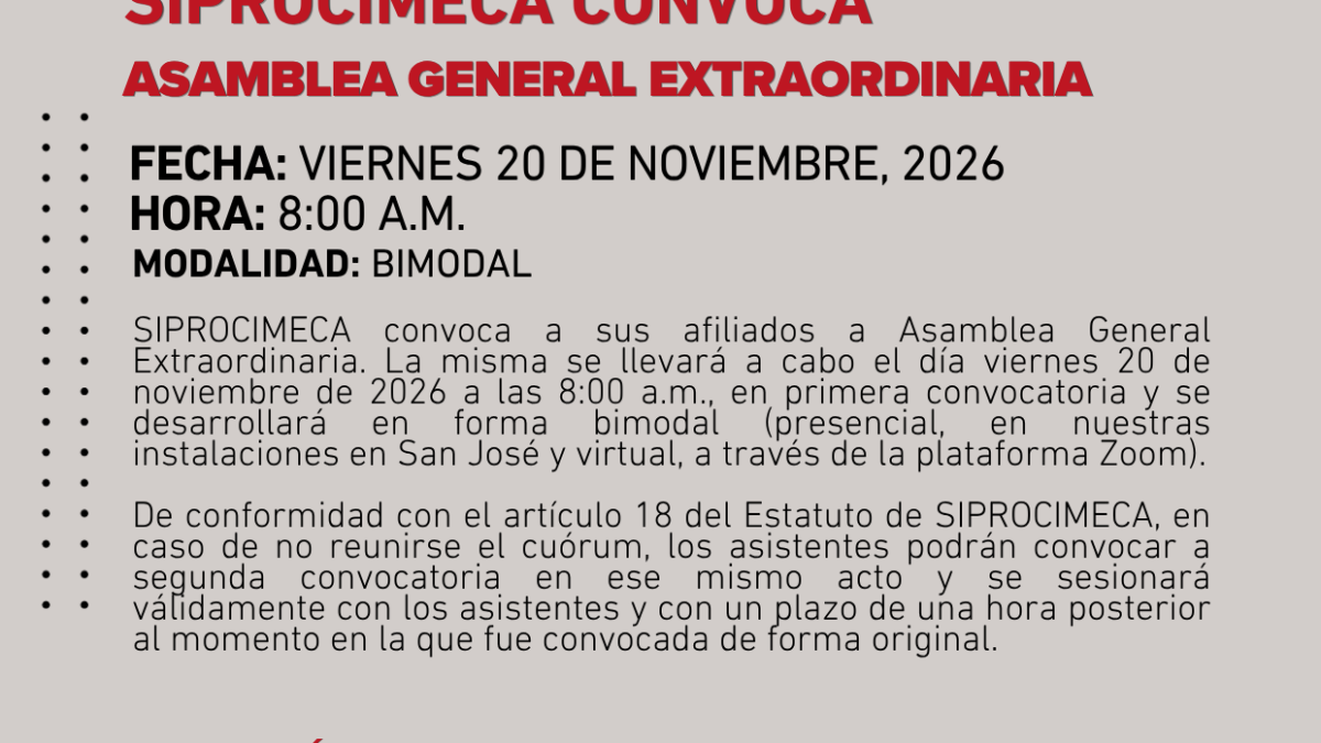 Convocatoria a Asamblea General Extraordinaria de SIPROCIMECA, viernes 20 de noviembre de 2026