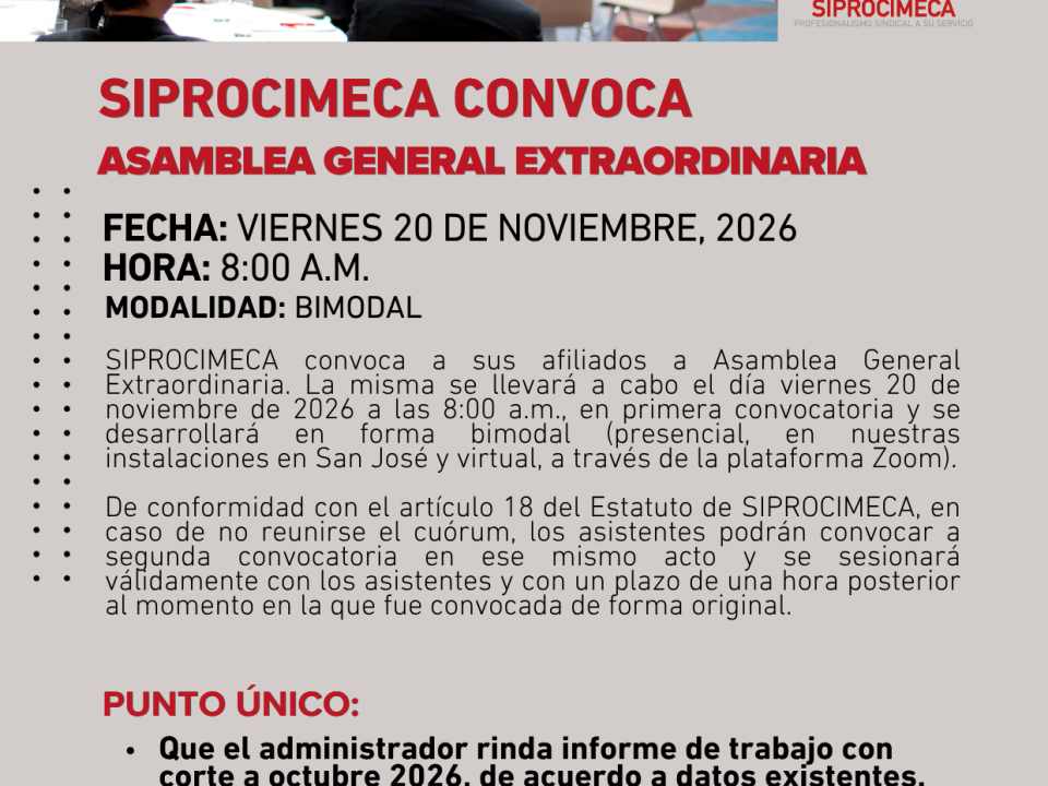 Convocatoria a Asamblea General Extraordinaria de SIPROCIMECA, viernes 20 de noviembre de 2026