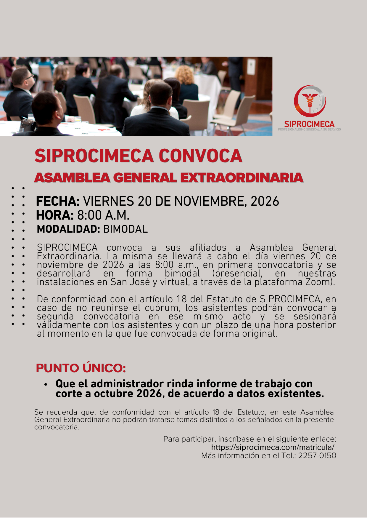 Convocatoria a Asamblea General Extraordinaria de SIPROCIMECA, viernes 20 de noviembre de 2026